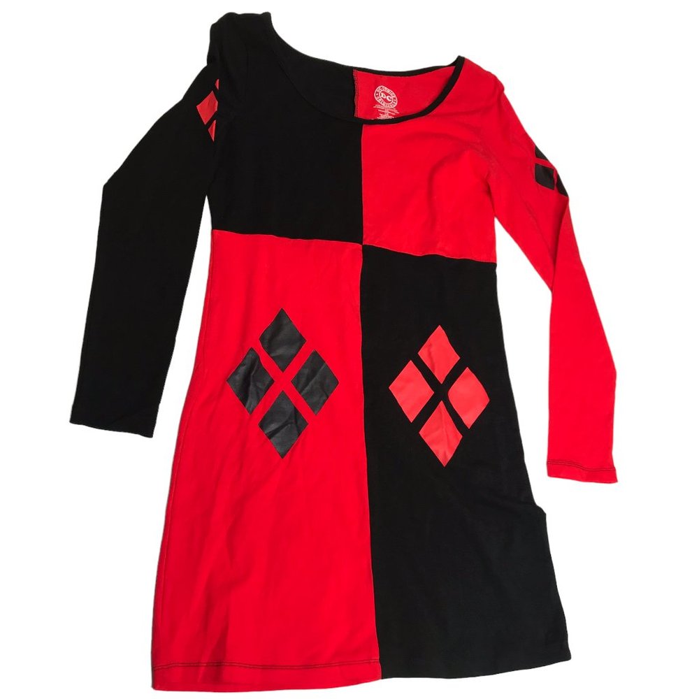 DC Comics Black Red Jester Dress Halloween Harley Quinn Sz Women's Large